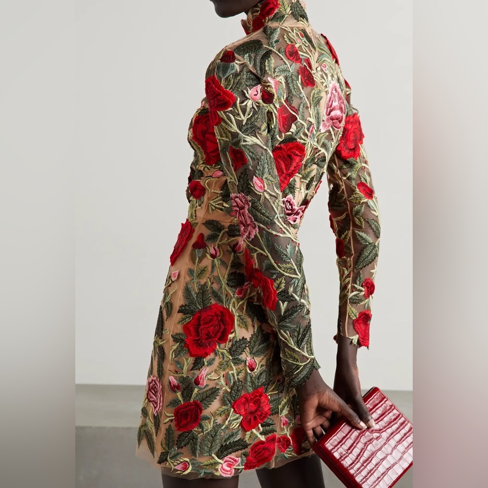 Floral Embroidered High Neck Mini Dress, (NOT Oscar de la Renta), Luxury Mini - Picture 7 of 14